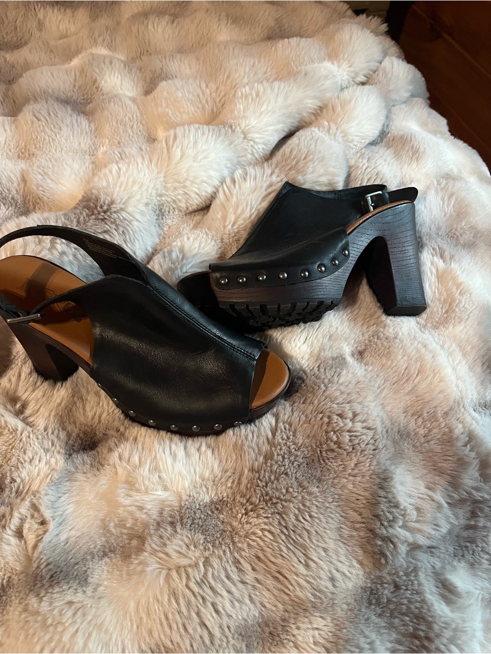 Kork-Ease Black Leather Studded Slingback Clog Heels